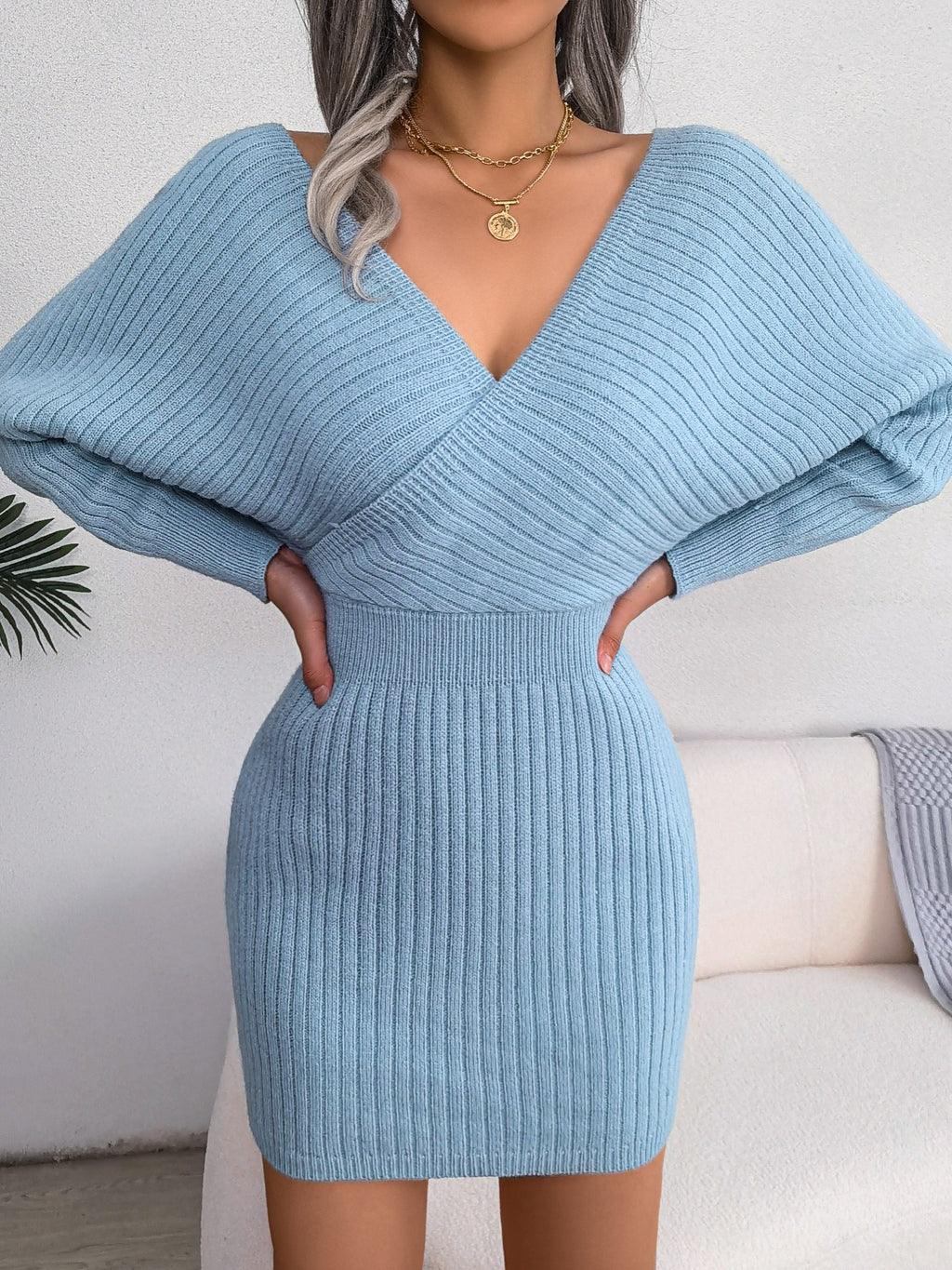 Sexy Cross V-Neck Knitted Bodycon Dress