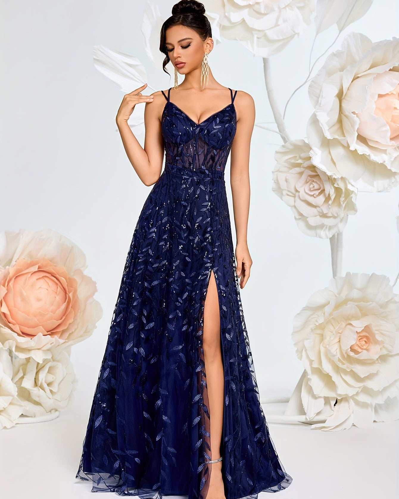 V-Neck Evening Dress and Lace Detail