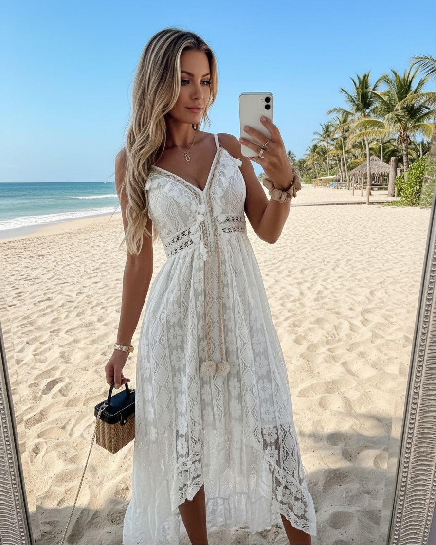 Vestido longo elegante de poliéster com decote em V, detalhe de renda contrastante, padrão geométrico, longo e fluido, estilo slingback, para o verão - Adulto
