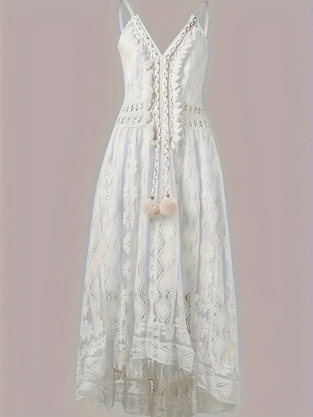 Elegant Geometric V-Neck Maxi Dress with Lace Detail – Flowy Polyester Summer Dress for Women.