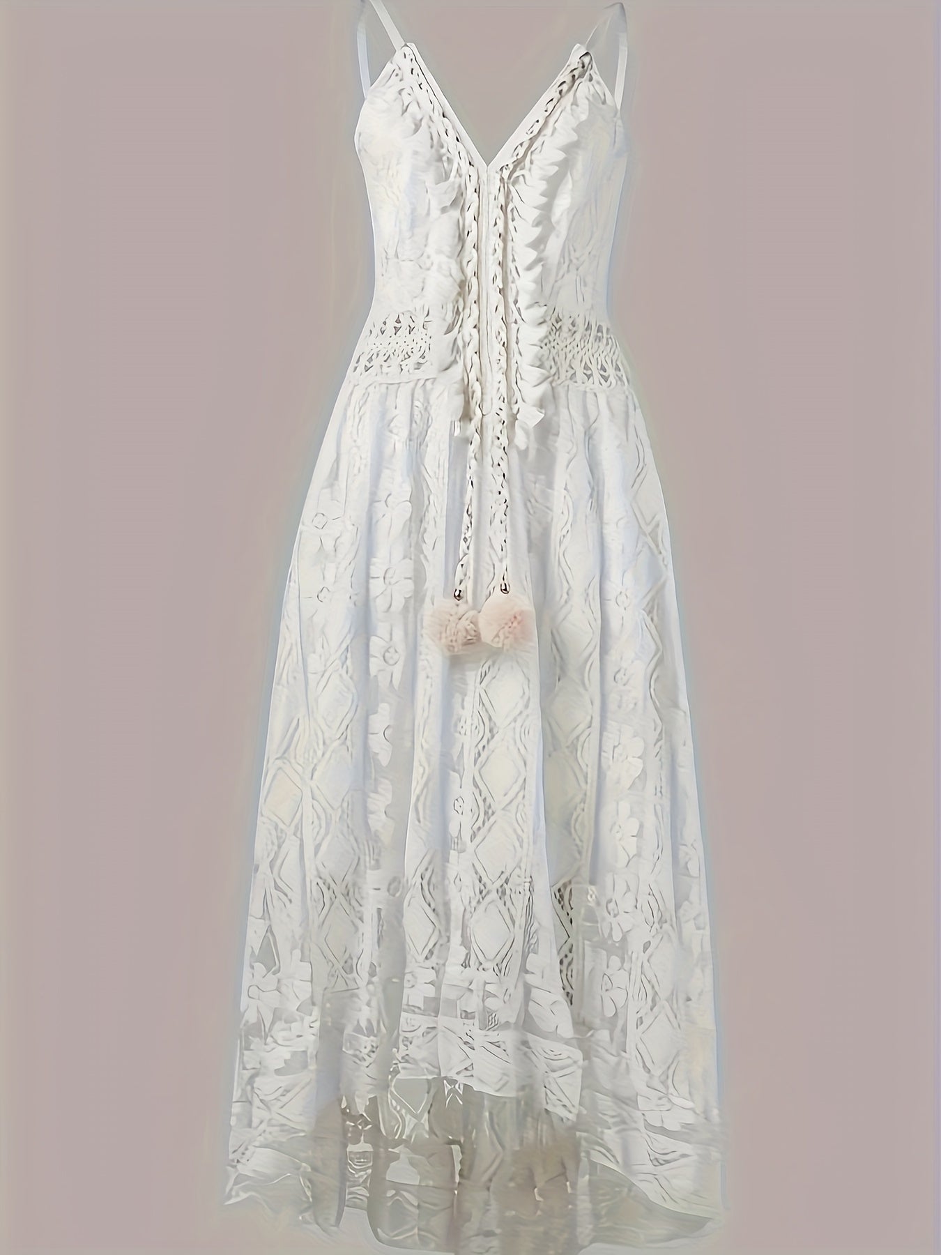 Elegant Geometric V-Neck Maxi Dress with Lace Detail – Flowy Polyester Summer Dress for Women.