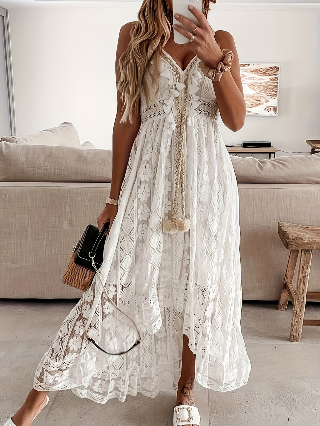 Elegant Geometric V-Neck Maxi Dress with Lace Detail – Flowy Polyester Summer Dress for Women.