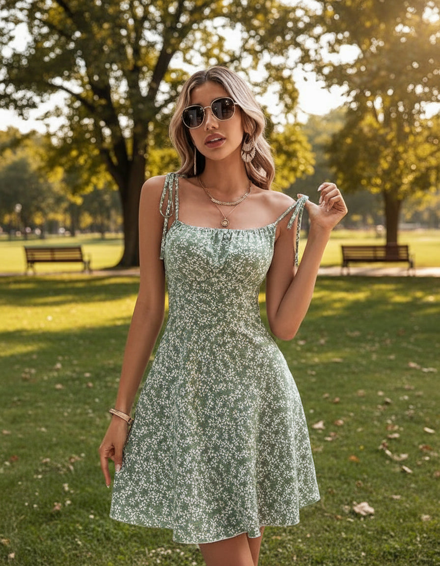 Vestido curto de praia feminino com alças finas e estampa floral de verão, vestidos femininos, roupas femininas, roupas femininas, vestido de verão, vestido novo