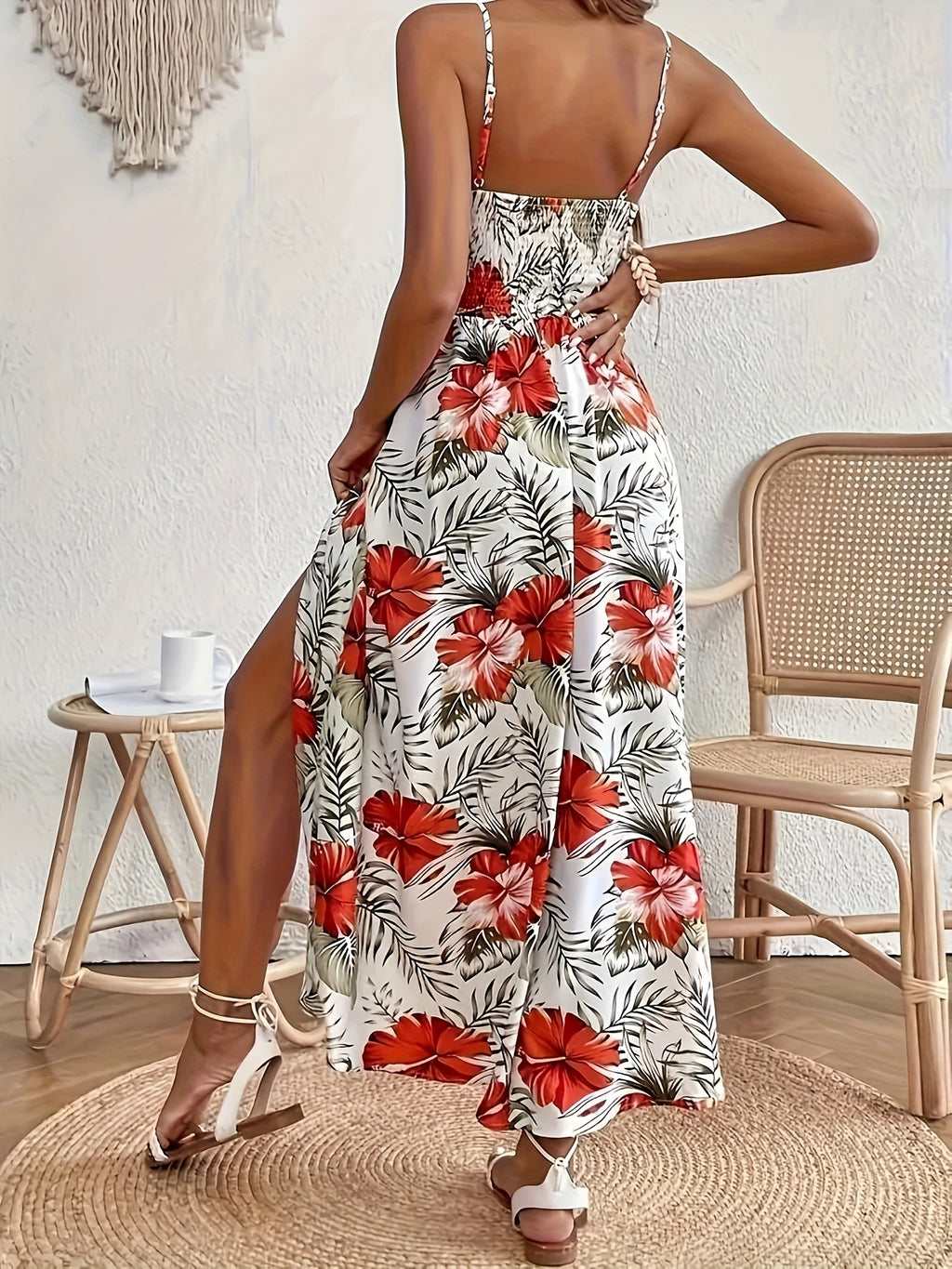 [Vestido longo floral] Vestido longo feminino sem mangas com estampa floral para primavera/verão - Decote em V, bainha alta e baixa, branco com flores vermelhas e verdes | Estilo casual elegante, traje de férias, vestido com estampa floral, textura