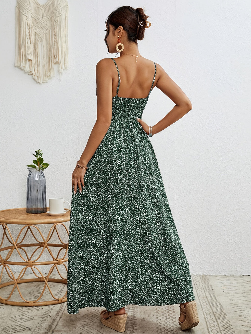 [Summer Floral Dress] Lightweight Polyester Women's Sleeveless Floral Print Maxi Dress | Adjustable Thin Straps, Ruffle Hem & Side Slit | Relaxed Fit Dress for Casual or Vacation Wear.