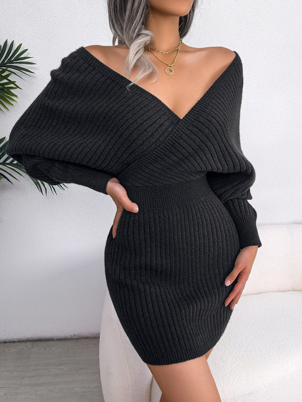 Sexy Cross V-Neck Knitted Bodycon Dress
