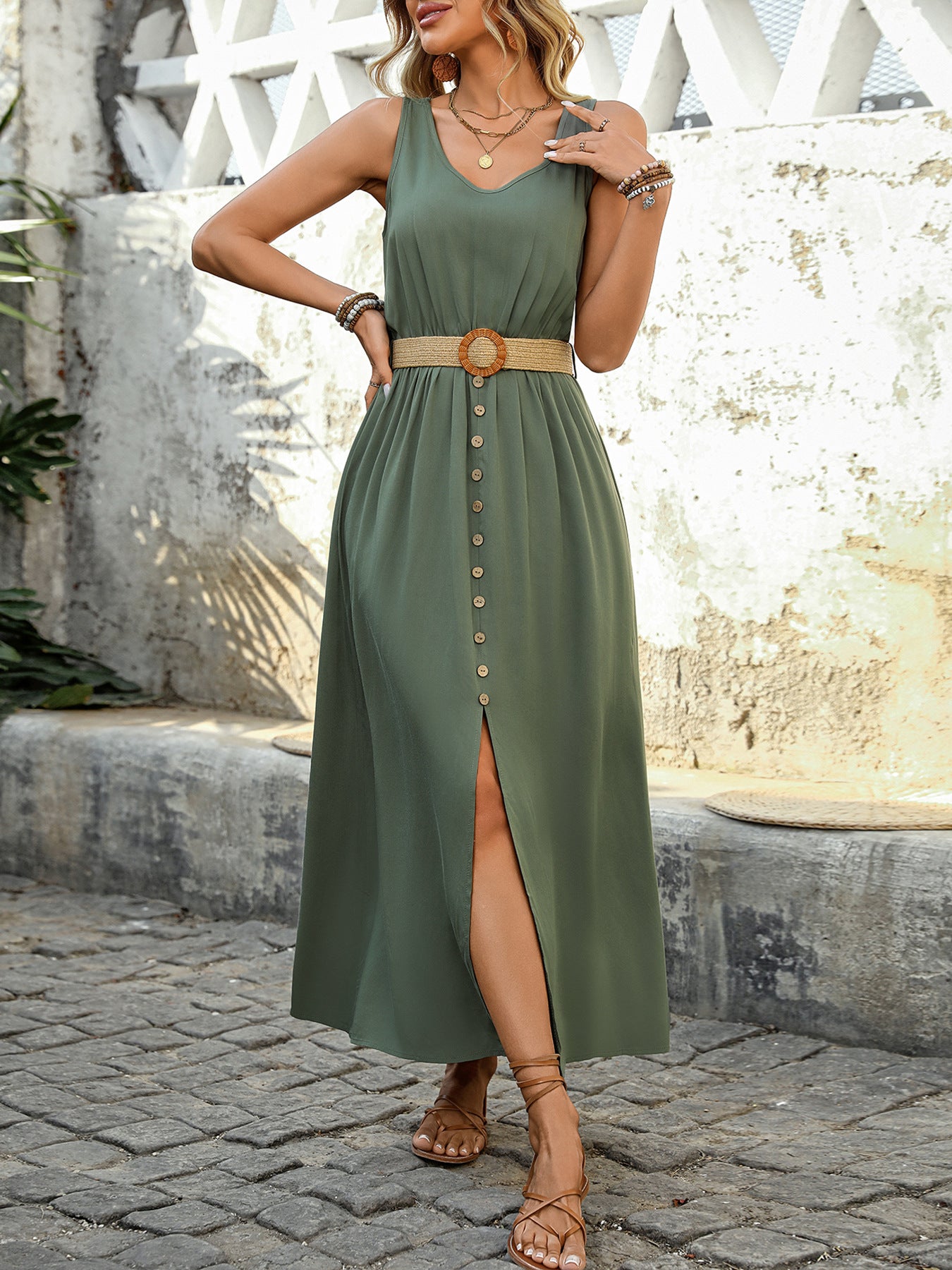 Vestido de verão com decote redondo, sem mangas, dividido, com design de botão, moda praia, vestidos longos para mulheres