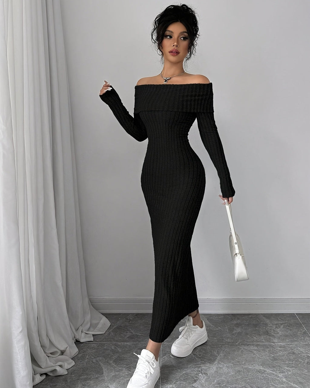 Elegant Off-Shoulder Long Sleeve Ribbed Dress