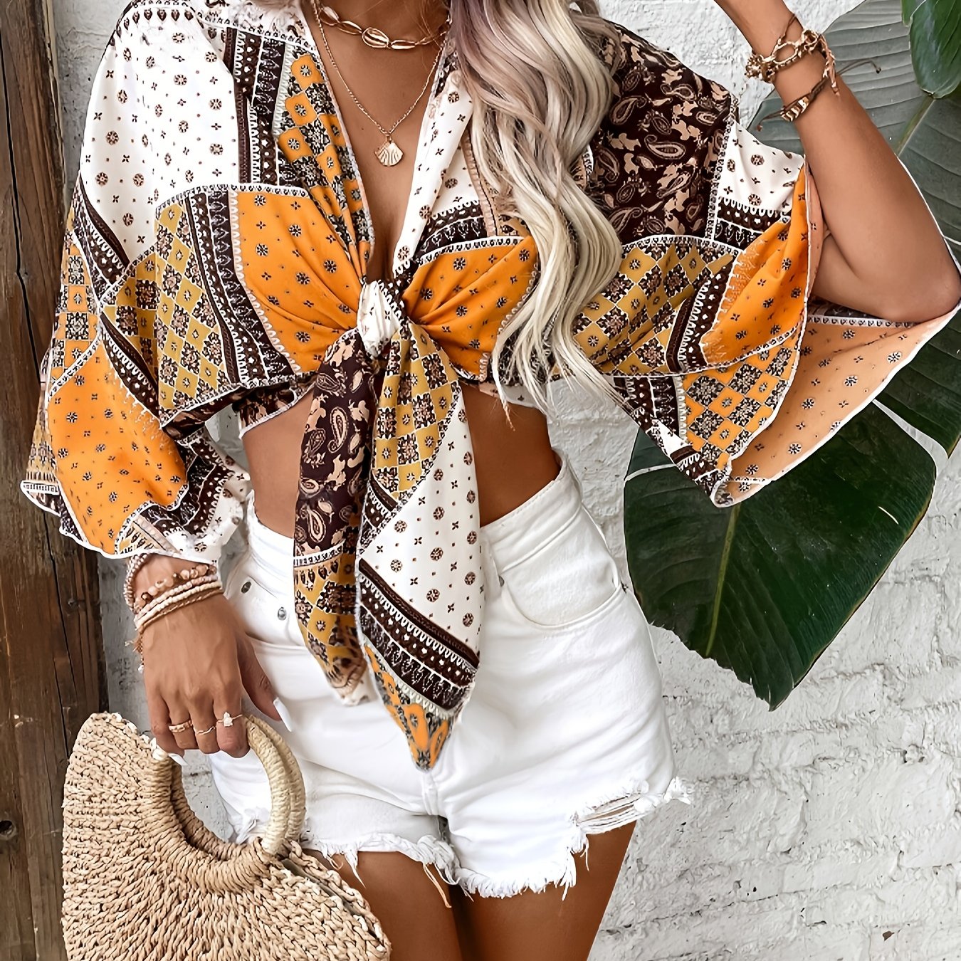 Paisley Print Knot Front Blouse, Boho Bell Sleeve Crop Blouse For Spring & Summer, Women's Clothing.