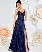 V-Neck Lace Evening Dress