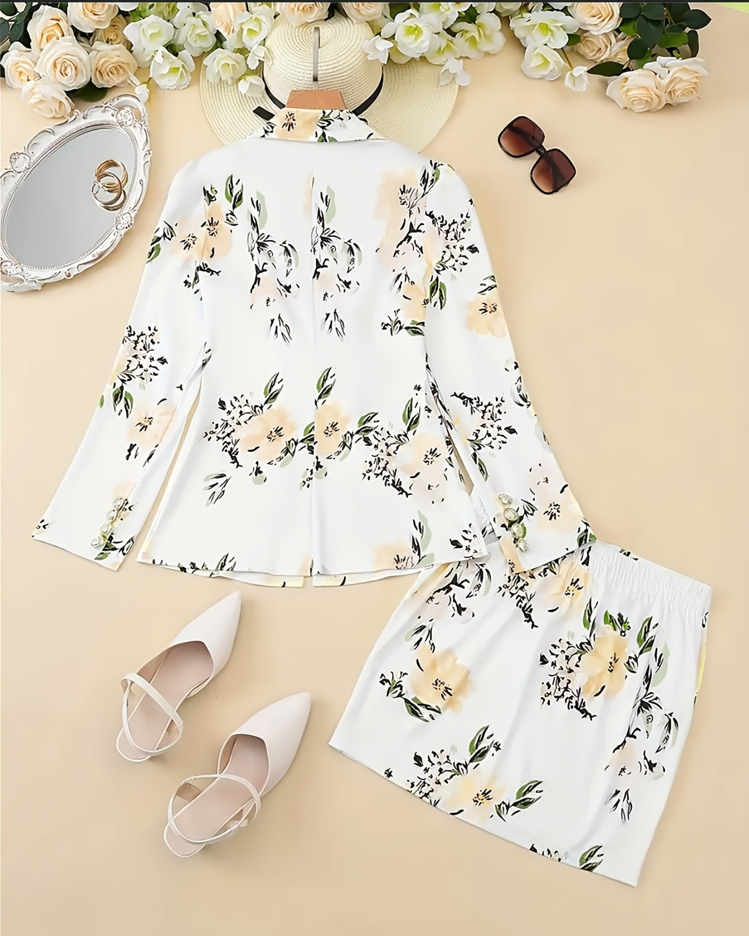 Elegant Floral Blazer and Skirt Set