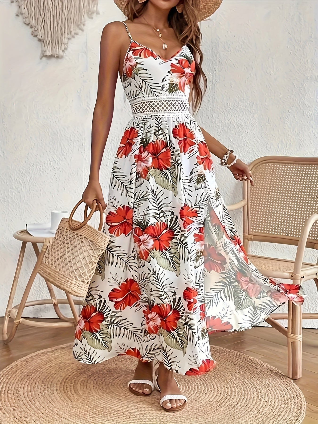 [Vestido longo floral] Vestido longo feminino sem mangas com estampa floral para primavera/verão - Decote em V, bainha alta e baixa, branco com flores vermelhas e verdes | Estilo casual elegante, traje de férias, vestido com estampa floral, textura