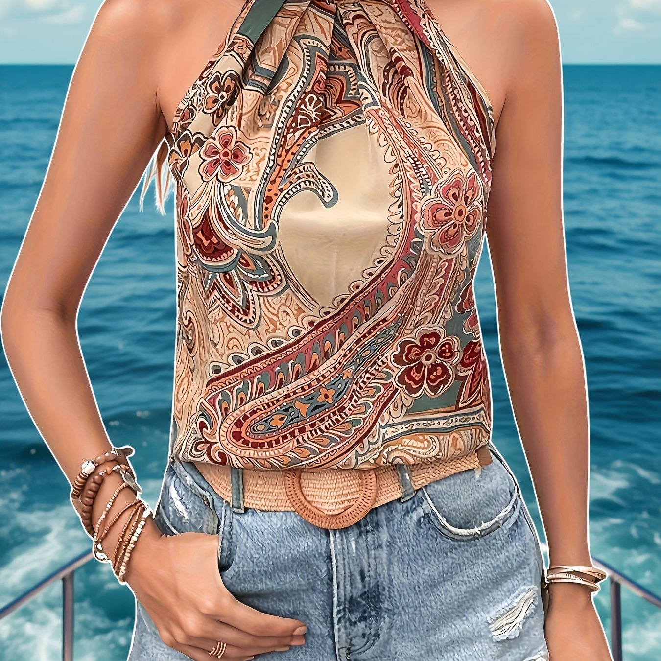 Women’s Vintage Sleeveless Tank Top – Light Brown Floral & Geometric Print Summer Top with Decorative Buttons | Casual Boho Style.