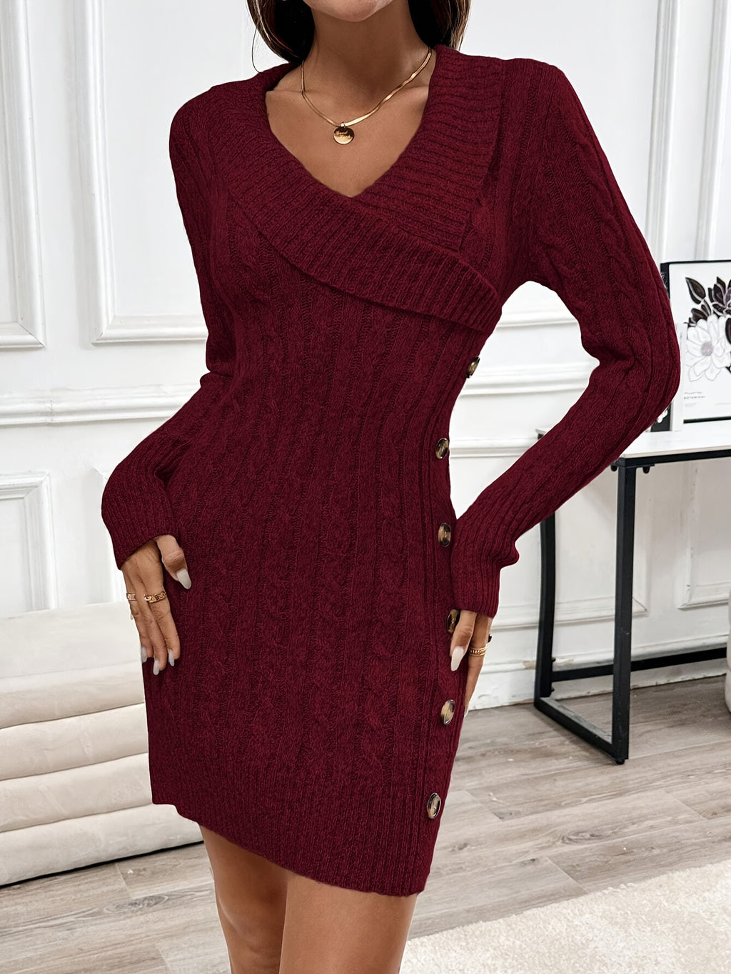 Elegant V-Neck Knit Sweater Dress