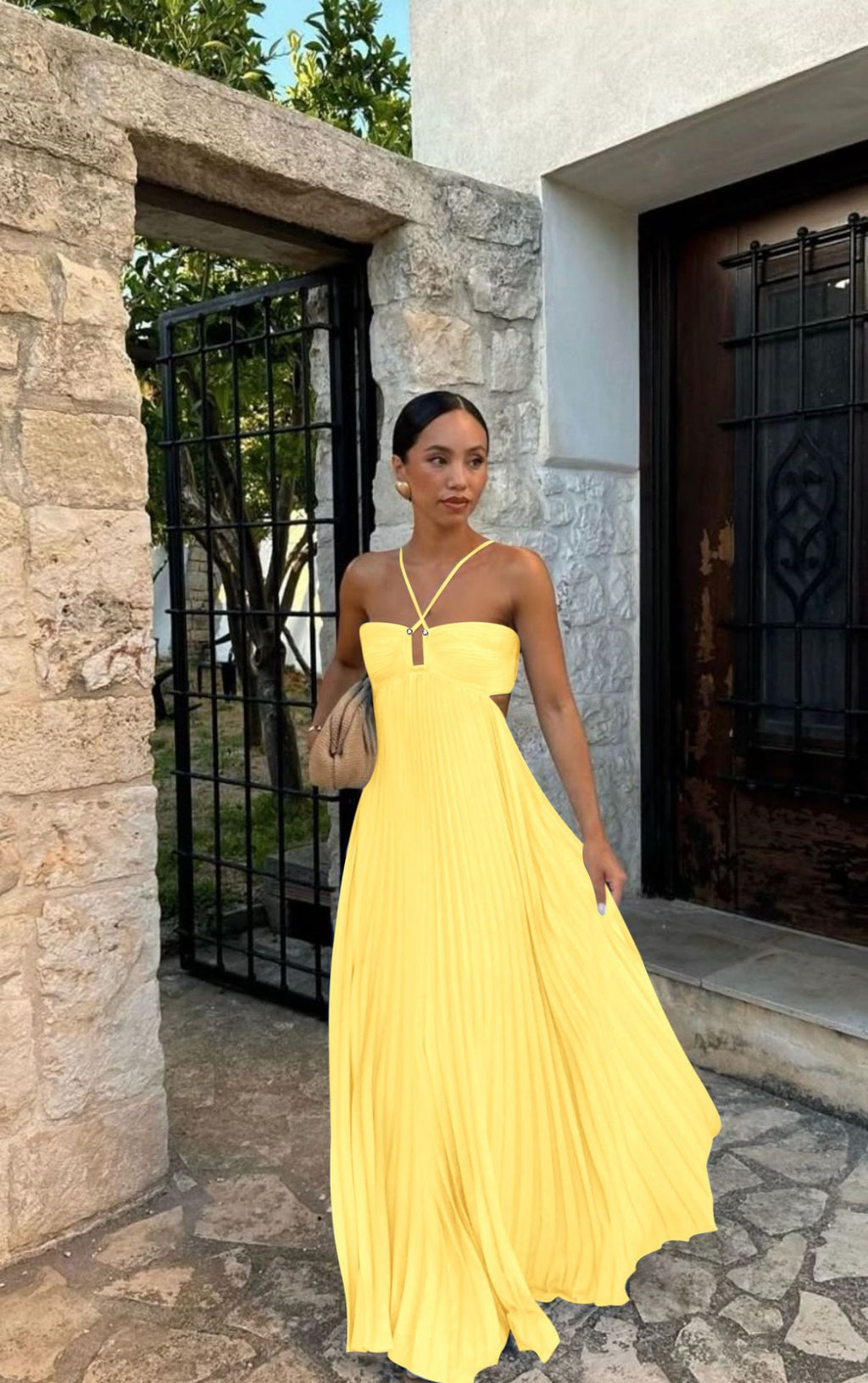 Ins Pleated Sleeveless Sling Dress Hollow High Waist Halter Robe Dresses For Evening Party Club Clothing Women.