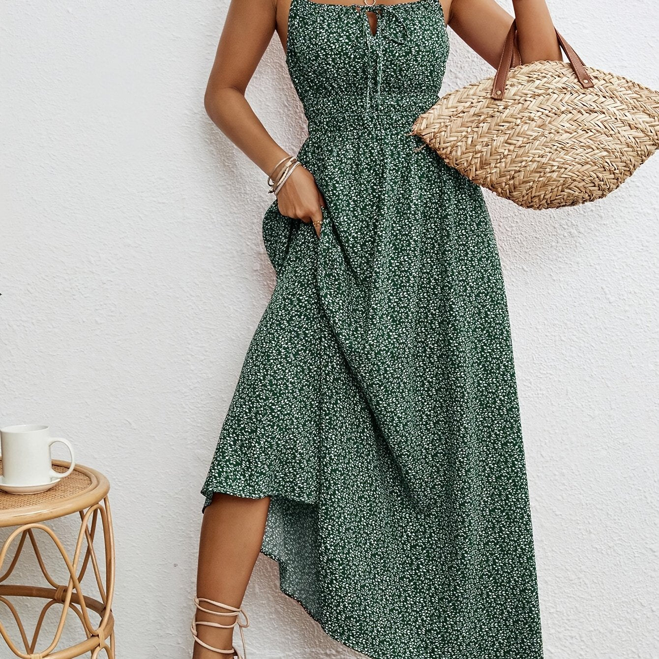 [Summer Floral Dress] Lightweight Polyester Women's Sleeveless Floral Print Maxi Dress | Adjustable Thin Straps, Ruffle Hem & Side Slit | Relaxed Fit Dress for Casual or Vacation Wear.