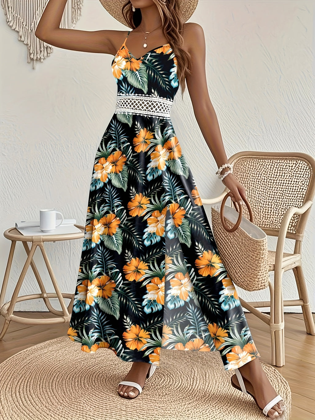 [Vestido longo floral] Vestido longo feminino sem mangas com estampa floral para primavera/verão - Decote em V, bainha alta e baixa, branco com flores vermelhas e verdes | Estilo casual elegante, traje de férias, vestido com estampa floral, textura