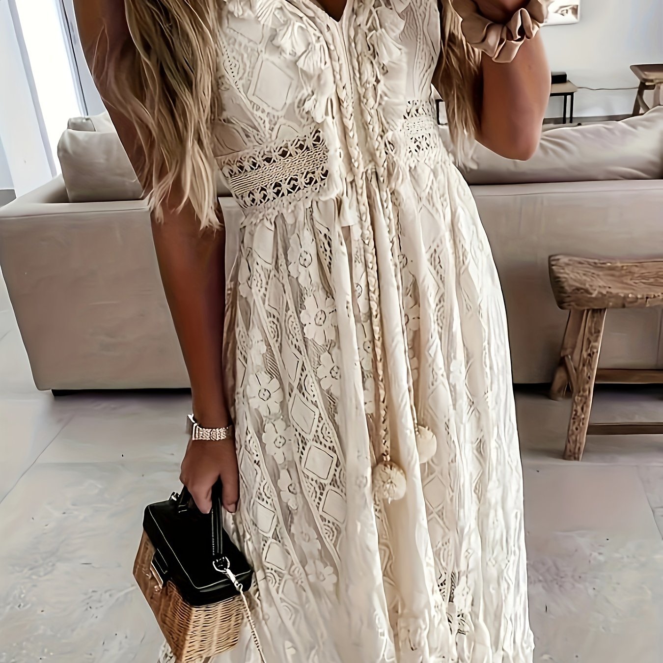 Elegant Geometric V-Neck Maxi Dress with Lace Detail – Flowy Polyester Summer Dress for Women.
