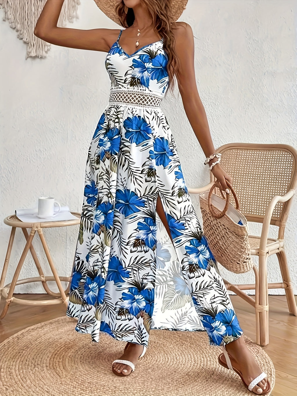 [Vestido longo floral] Vestido longo feminino sem mangas com estampa floral para primavera/verão - Decote em V, bainha alta e baixa, branco com flores vermelhas e verdes | Estilo casual elegante, traje de férias, vestido com estampa floral, textura