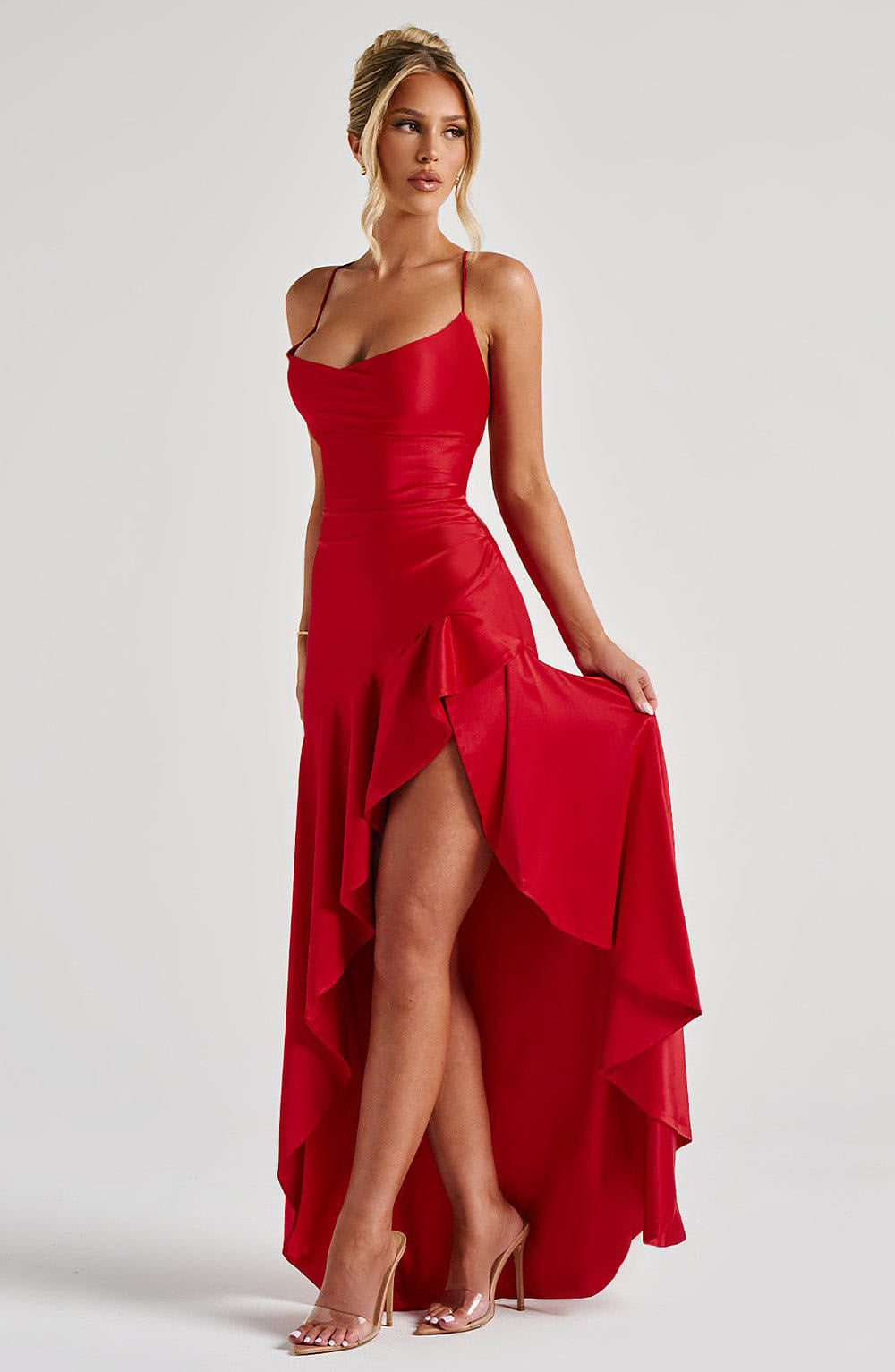 Vestido feminino irregular com costas nuas e babados - Vestido longo com alças finas e fenda para festa noturna e clube
