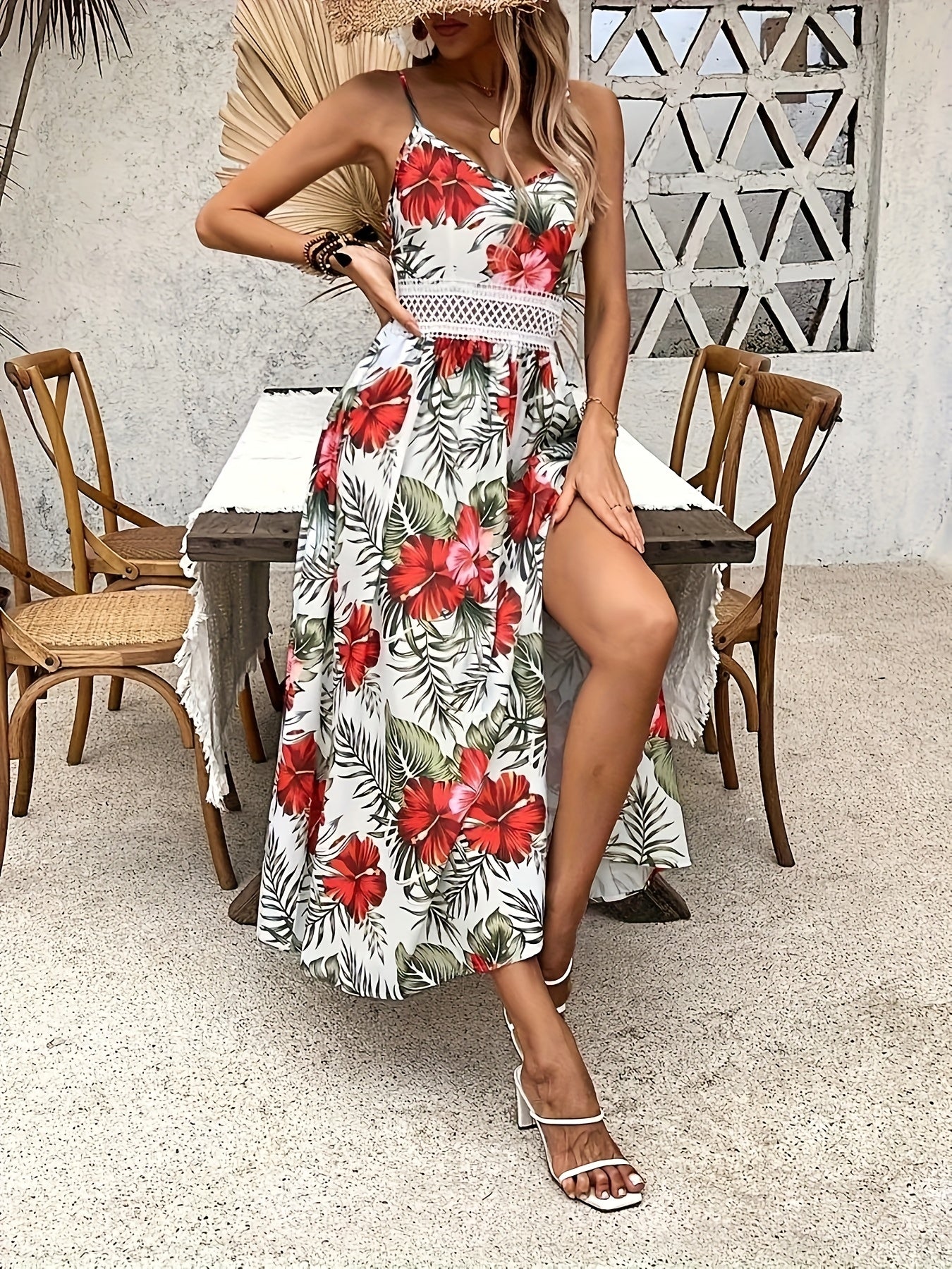 [Vestido longo floral] Vestido longo feminino sem mangas com estampa floral para primavera/verão - Decote em V, bainha alta e baixa, branco com flores vermelhas e verdes | Estilo casual elegante, traje de férias, vestido com estampa floral, textura