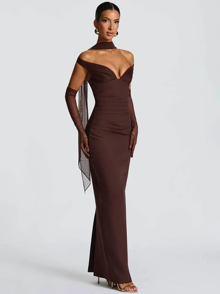 Scarf Collar Off-Shoulder Backless Maxi Dress