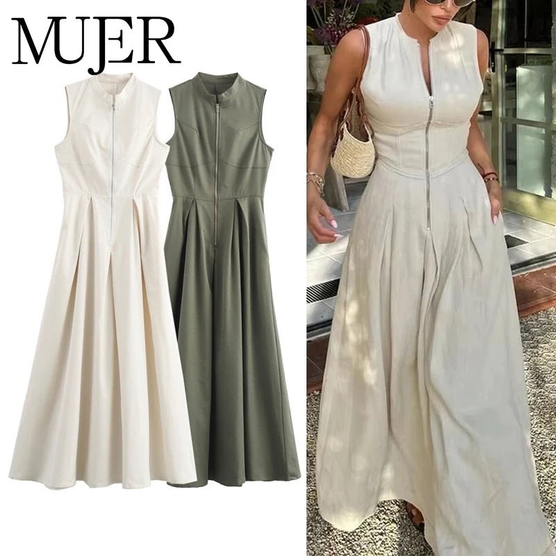 Women’s Pleated Bodycon Midi Dress – Sleeveless Zipper Summer Party & Elegant Dress.