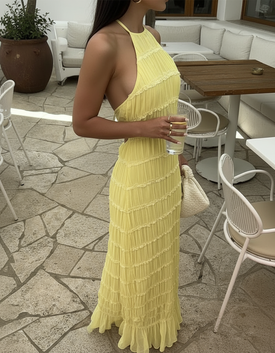 Women’s Patchwork Lace-Up Maxi Dress