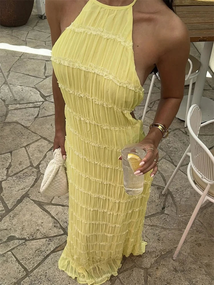 Women’s Patchwork Maxi Dress – Lace-Up Backless High Waist Long Beach Holiday Dress 2025.