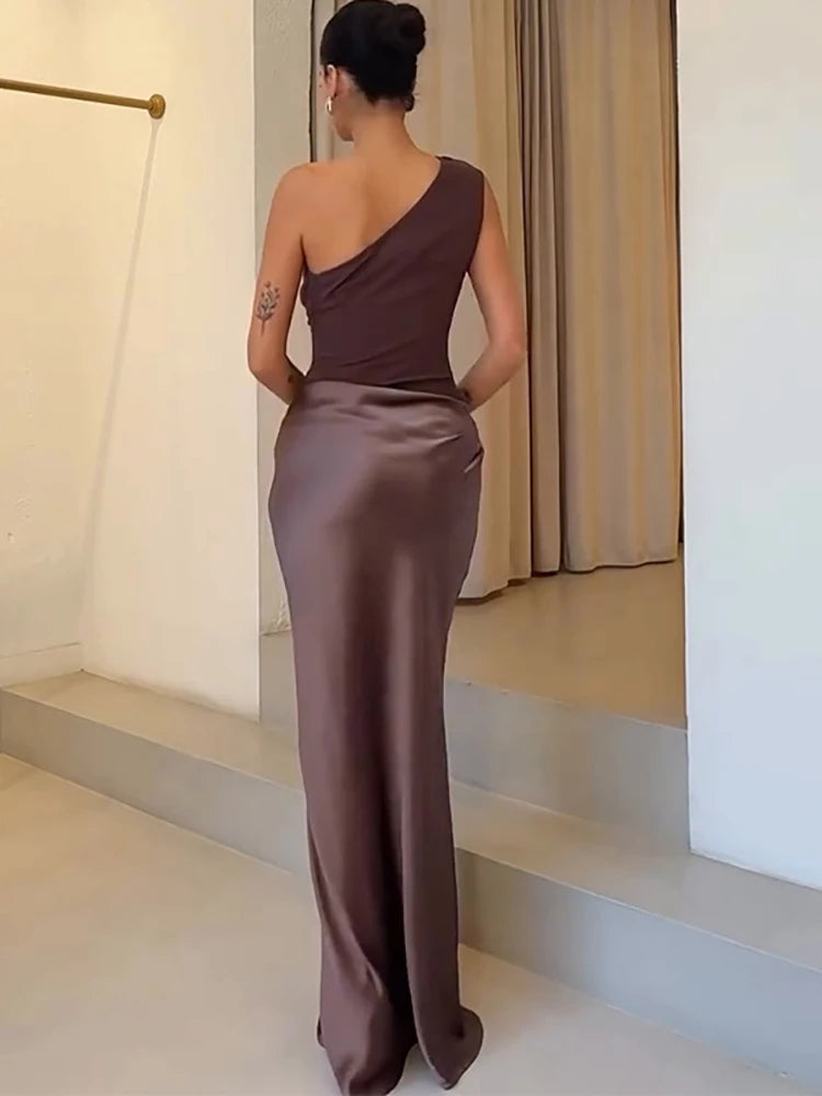 Sexy One-Shoulder Maxi Dress – Brown Evening Party Dress