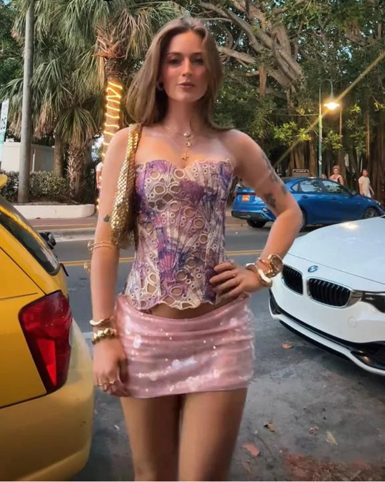 Sexy Lace Print Hollow Out Backless Top
