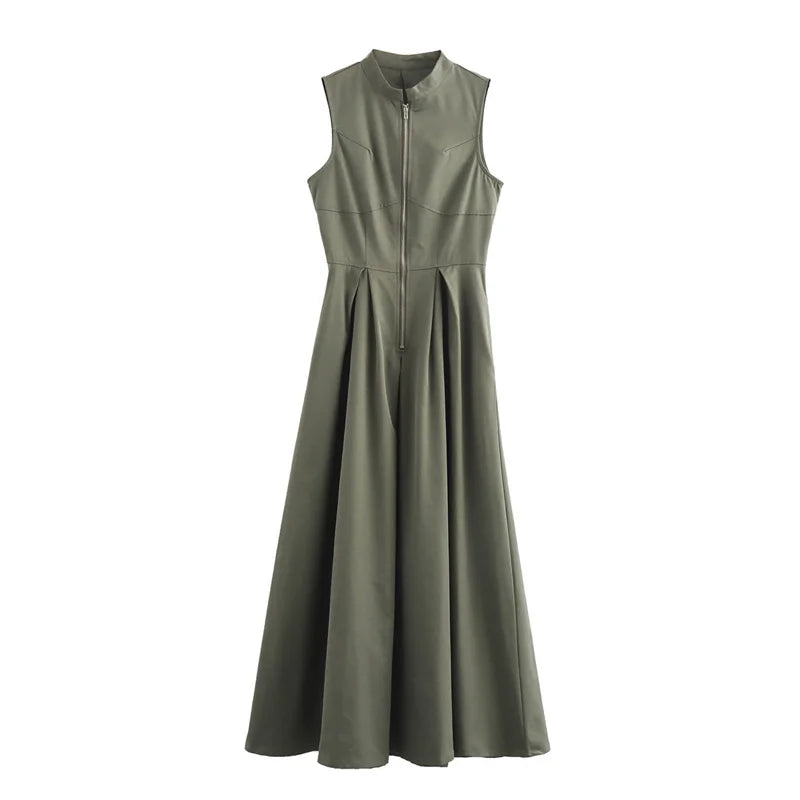 Women’s Pleated Bodycon Midi Dress – Sleeveless Zipper Summer Party & Elegant Dress.