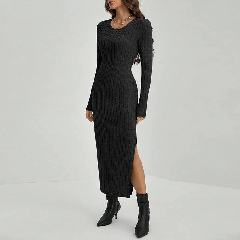 Women’s Wrapped Long Sleeve Knitted Dress – Slim Sheath O-Neck Side Slit Autumn Winter Outfit.