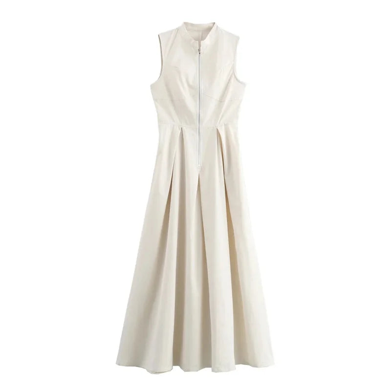 Women’s Pleated Bodycon Midi Dress – Sleeveless Zipper Summer Party & Elegant Dress.