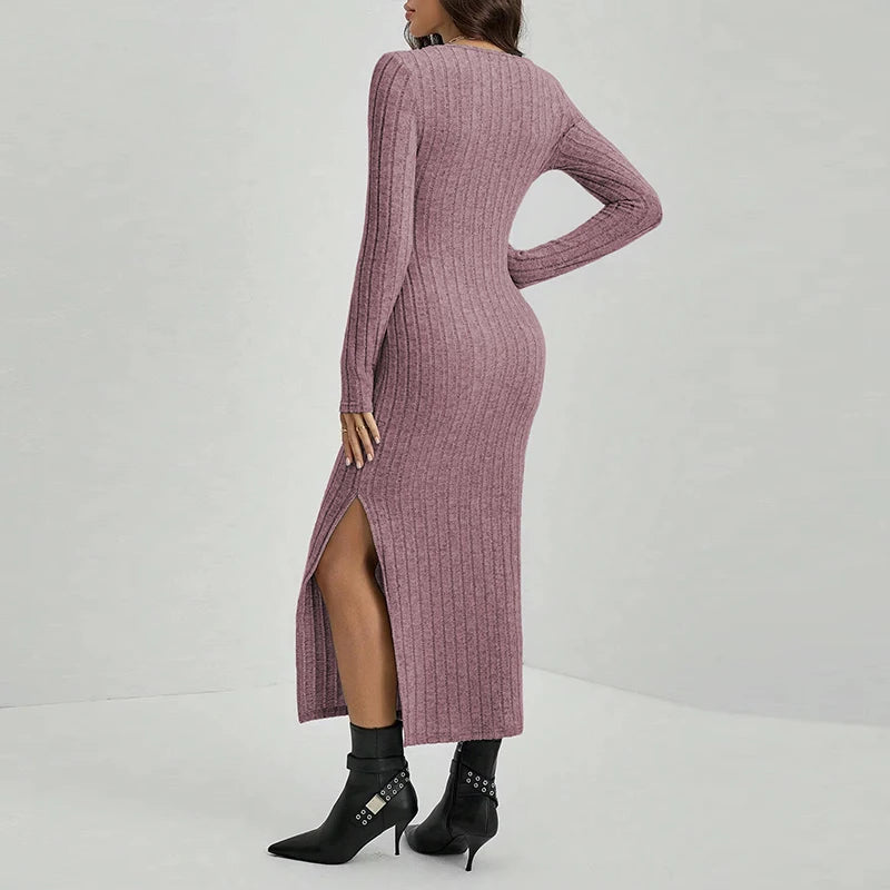 Women’s Wrapped Long Sleeve Knitted Dress – Slim Sheath O-Neck Side Slit Autumn Winter Outfit.