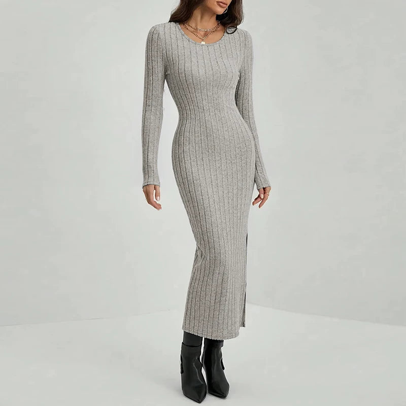 Women’s Wrapped Long Sleeve Knitted Dress – Slim Sheath O-Neck Side Slit Autumn Winter Outfit.