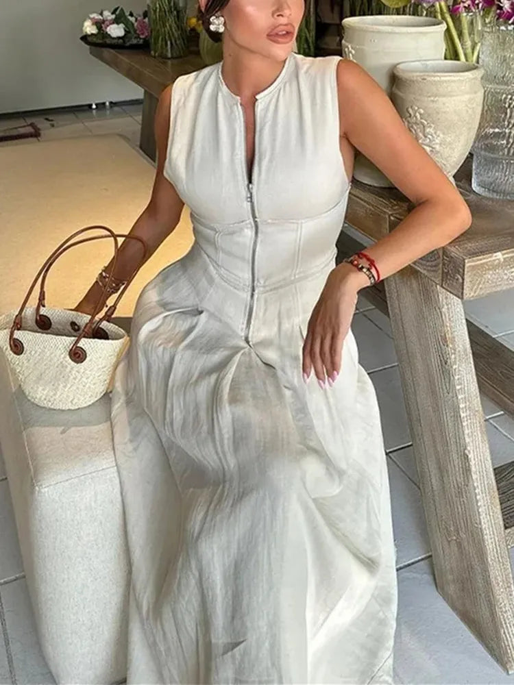 Women’s Pleated Bodycon Midi Dress – Sleeveless Zipper Summer Party & Elegant Dress.
