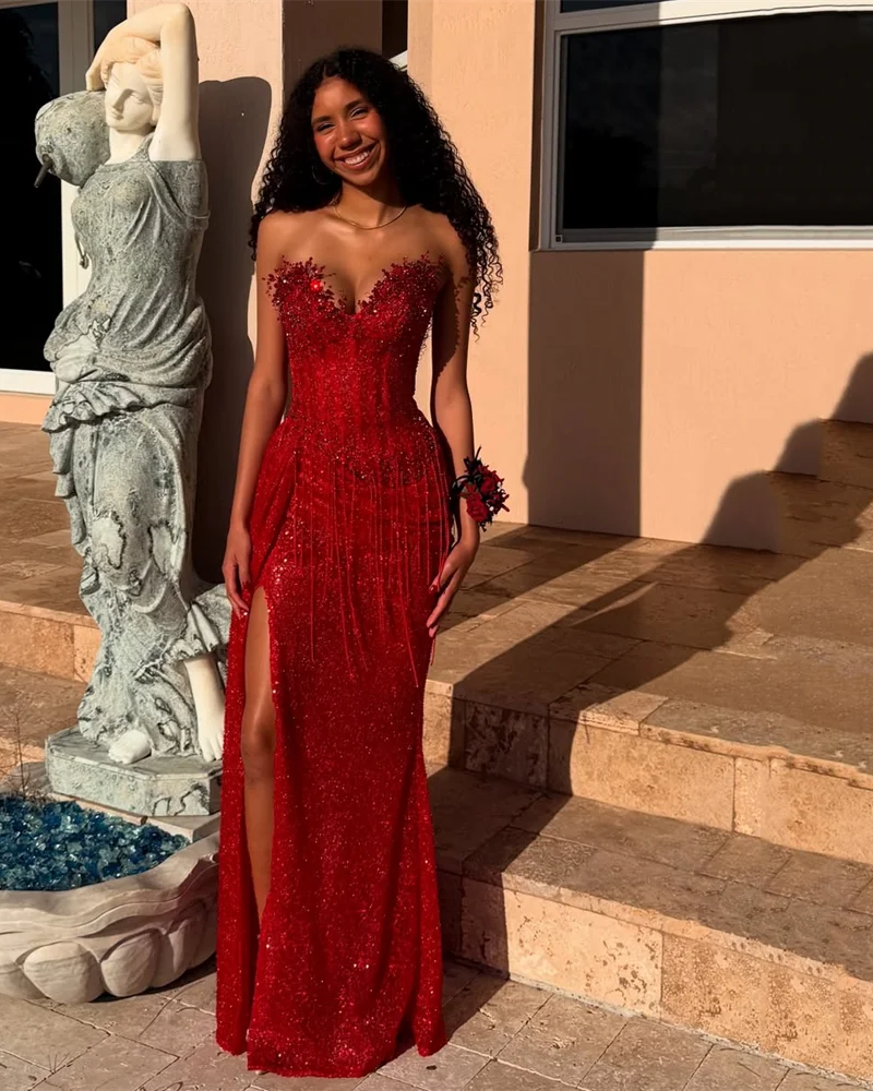 Red Sequin Deep V-Neck Mermaid