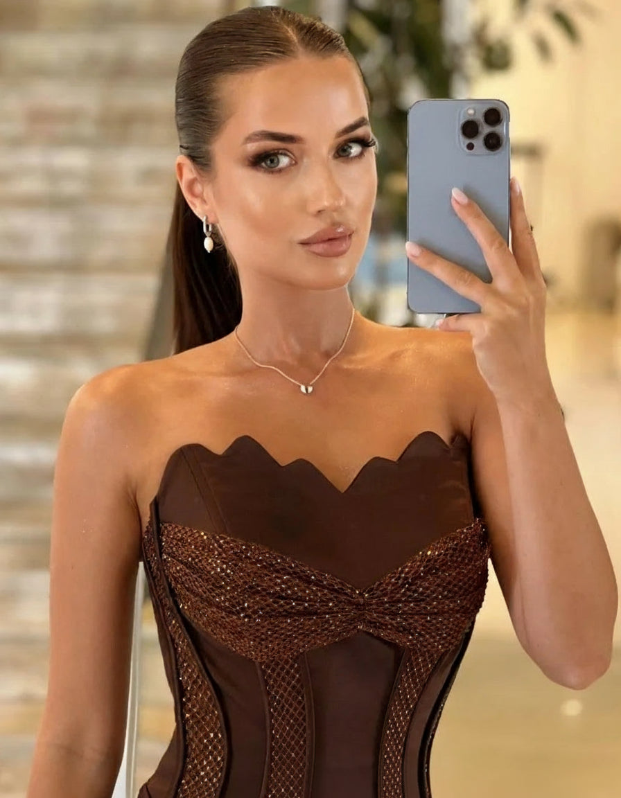 Bella Brown Sequin Two-Piece Dress – Strapless