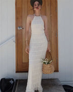 Women’s Patchwork Maxi Dress – Lace-Up Backless High Waist Long Beach Holiday Dress 2025.