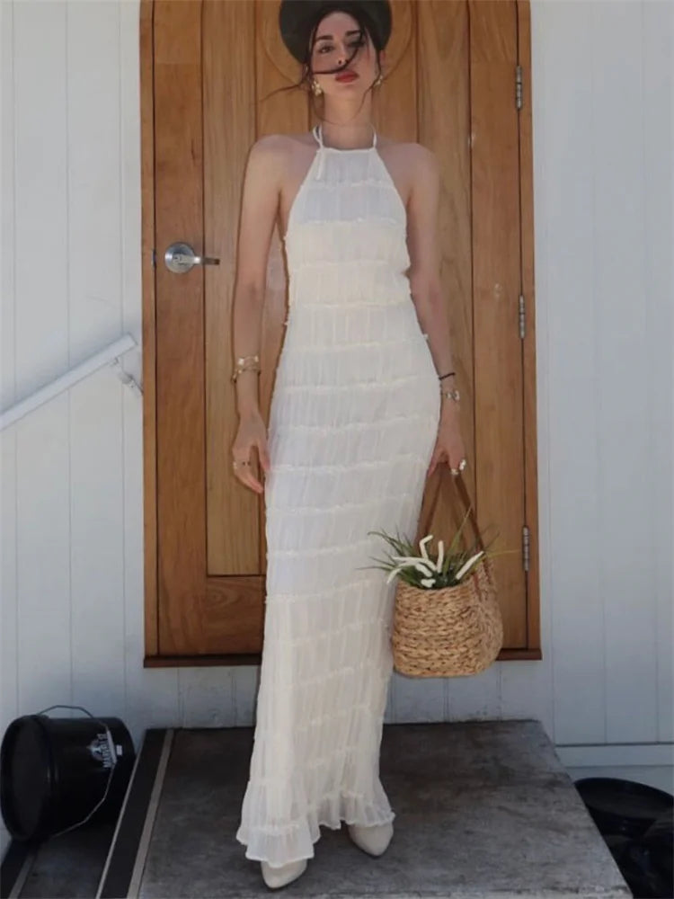 Women’s Patchwork Maxi Dress – Lace-Up Backless High Waist Long Beach Holiday Dress 2025.
