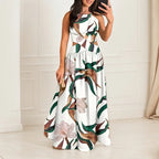 Bohemian Women’s Irregular Print Long Dress – Sleeveless Off-Shoulder Cross-Tie Backless A-Line Beach Vacation Dress.