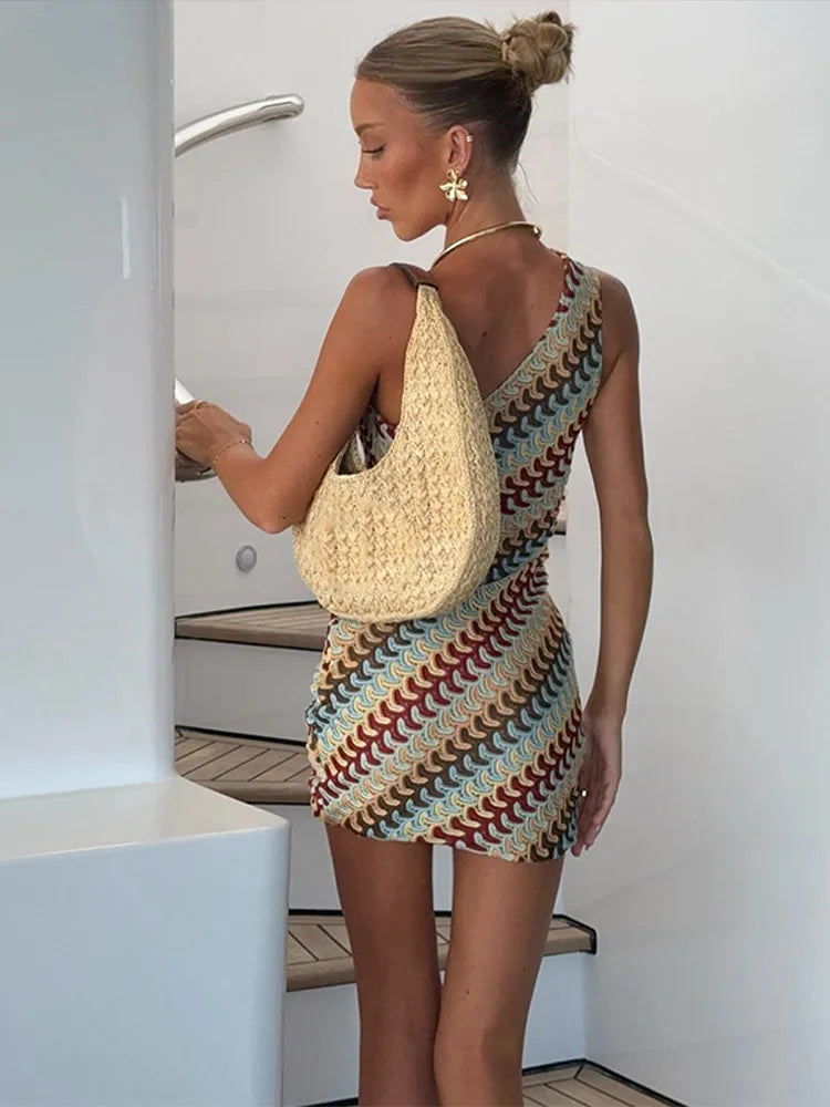 Women’s Irregular Printed Knitted Mini Dress – Slim Fit Backless Slanted Shoulder Summer Beach Holiday.