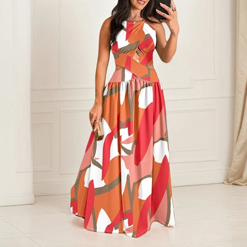 Bohemian Women’s Irregular Print Long Dress – Sleeveless Off-Shoulder Cross-Tie Backless A-Line Beach Vacation Dress.