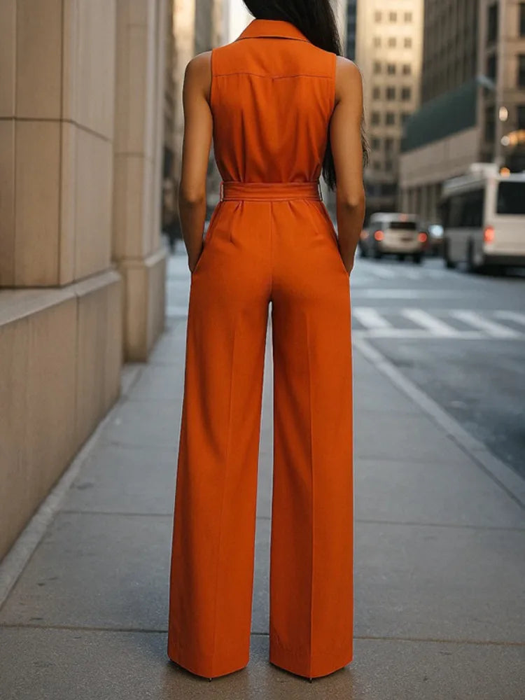 Yeezzi Women Commuter Tied Waist Lapel Jumpsuits High Waisted Sleeveless Buttoned Pockets Urban Casual Straight One-piece Pants
