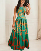 Bohemian Women’s Irregular Print Long Dress – Sleeveless Off-Shoulder Cross-Tie Backless A-Line Beach Vacation Dress.