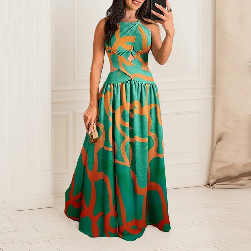 Bohemian Women’s Irregular Print Long Dress – Sleeveless Off-Shoulder Cross-Tie Backless A-Line Beach Vacation Dress.