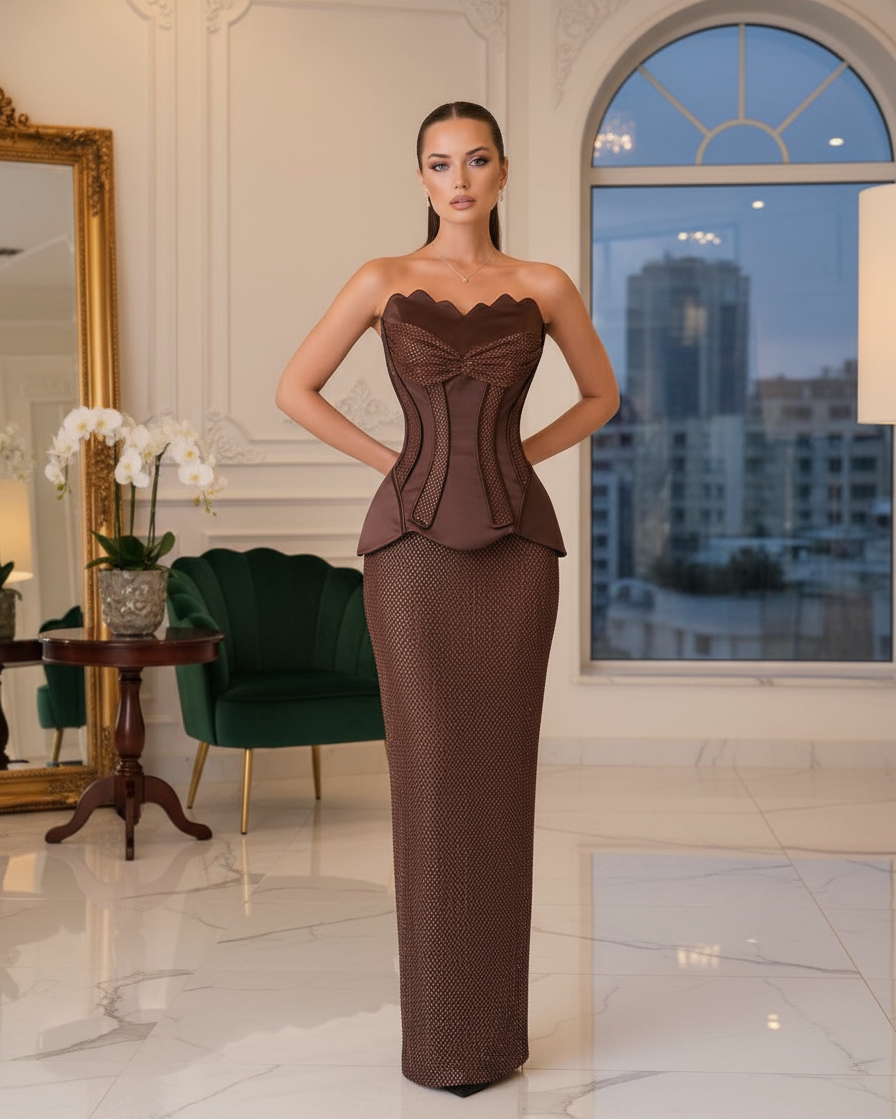 Bella Brown Sequin Two-Piece Dress – Strapless