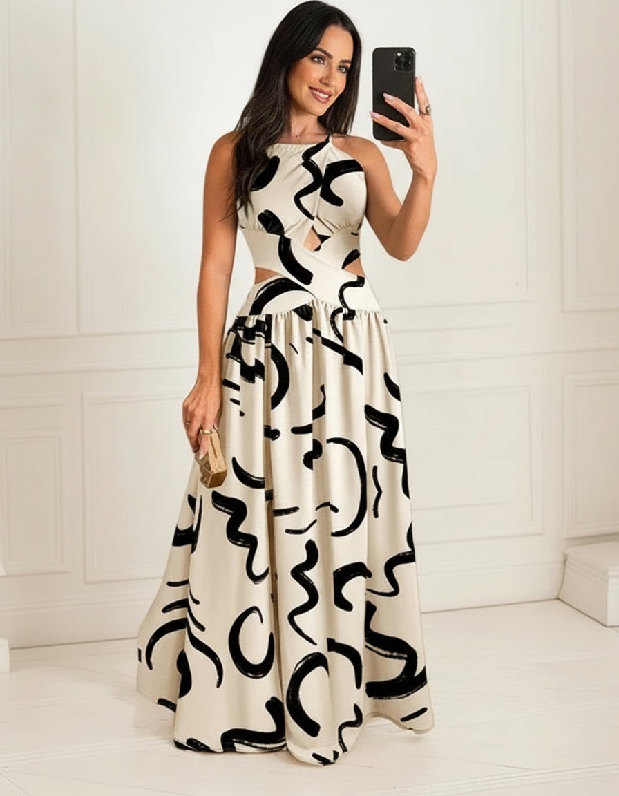 Bohemian Women’s Irregular Print Long Dress – Sleeveless Off-Shoulder Cross-Tie Backless A-Line Beach Vacation Dress.