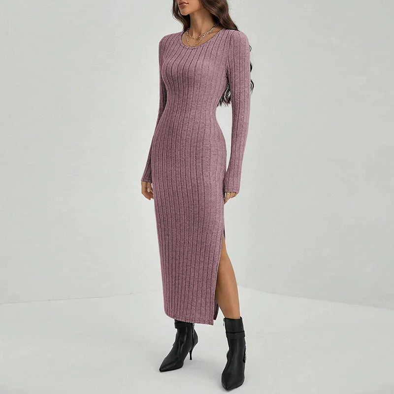 Women’s Wrapped Long Sleeve Knitted Dress – Slim Sheath O-Neck Side Slit Autumn Winter Outfit.